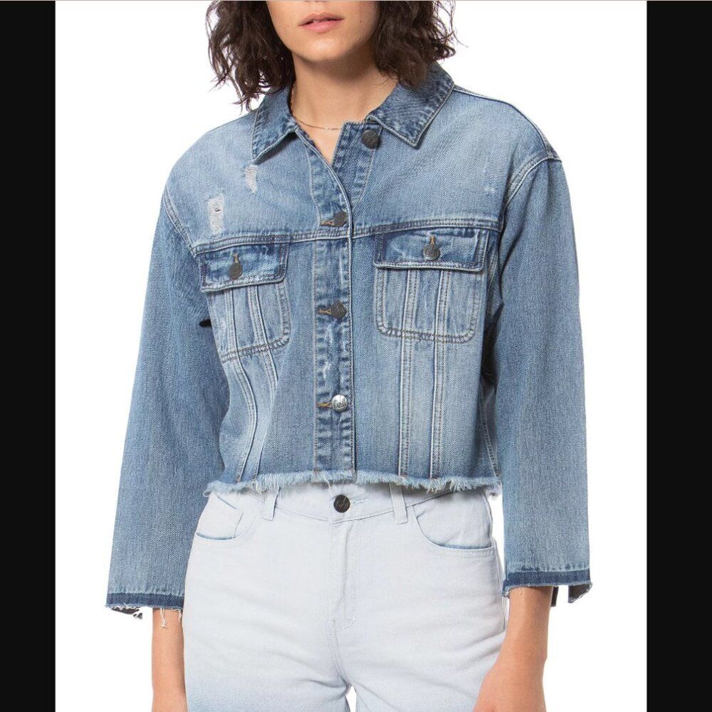 LOLA Brooklyn V8 Cropped Denim Jacket Women’s M Distressed Raw Hem Jean Jacket